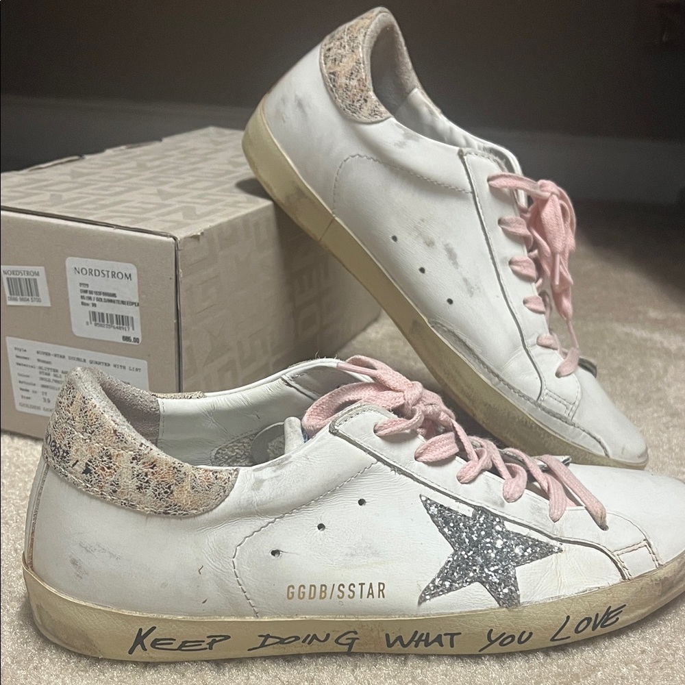 Golden Goose White Sneakers with Pink Laces and Star Detail